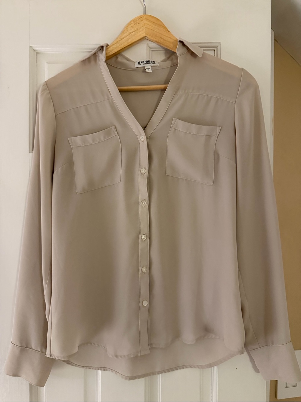 Express Tan Portofino Button-Front V-Neck Blouse